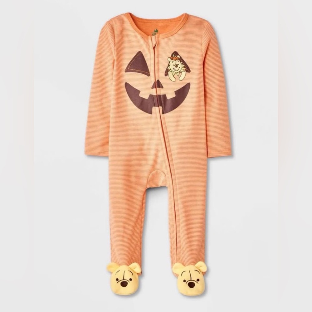 Disney Orange Pumpkin Footie with Bear Slippers